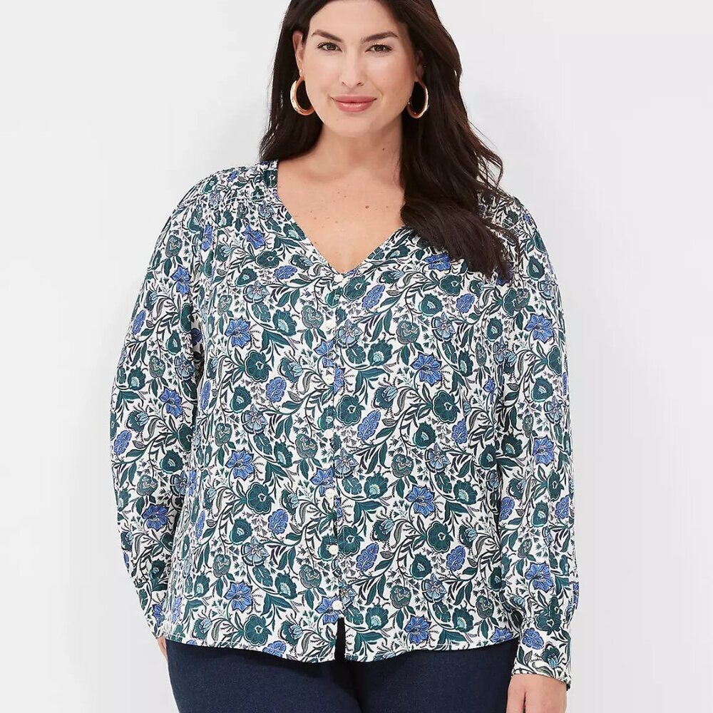 Lane Bryant Dark Blue Floral Ruched Button-Front Knit & Woven Blouse Size 26/28